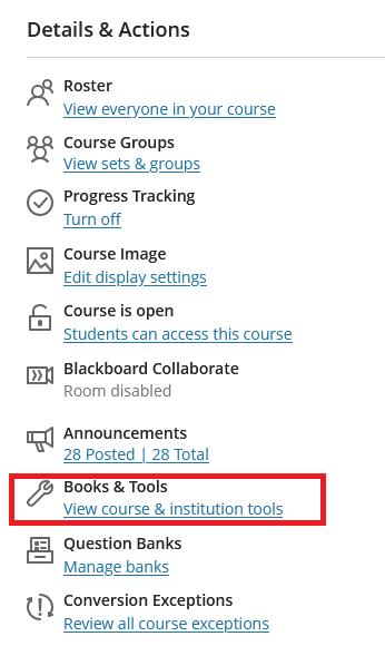 Books & Tools appears in the Details & Actions menu in Blackboard Ultra
