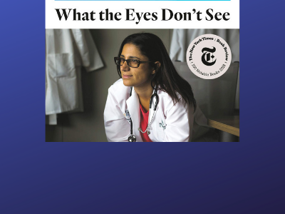 Cover of the book, "What the Eyes Don’t See: A Story of Crisis, Resistance, and Hope in an American City" on a blue background