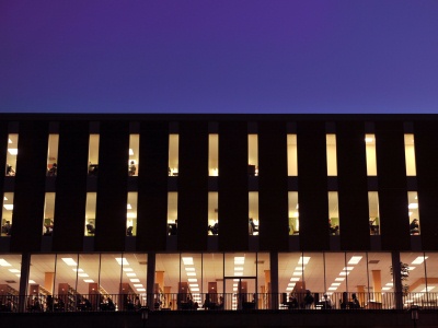 A side view of the library at night