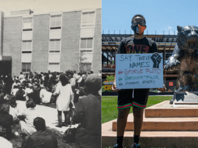 Black and white image of student protestors and a Black student holding a sign