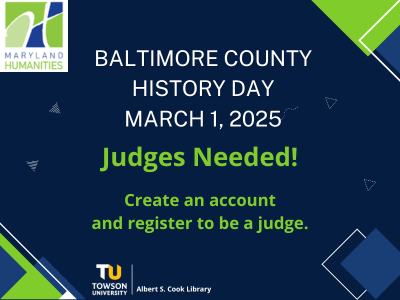 text that reads Volunteer to be a History Day Judge! with Maryland Humanities logo