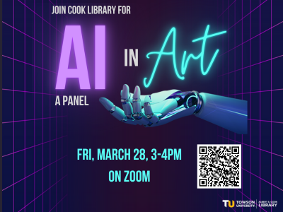 Image of a robotic arm and QR code to promote AI in Art panel discussion