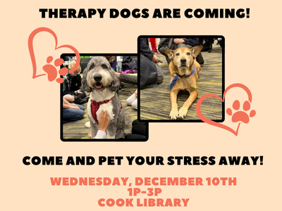 photos of therapy dogs to promote Pet a Therapy Dog Event