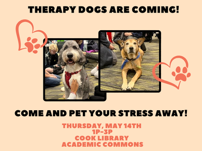 photos of therapy dogs sitting on floor to promote Pet a Therapy Dog Event