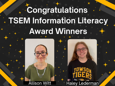Photos of two TSEM Information Literacy Award winners on a black background with gold stars