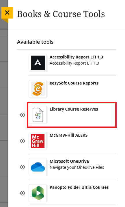 Library Course Reserves is linked under the Books & Tools menu in Blackboard Ultra