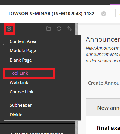 "Tool Link" appears in the "Plus" menu after "Blank Page"