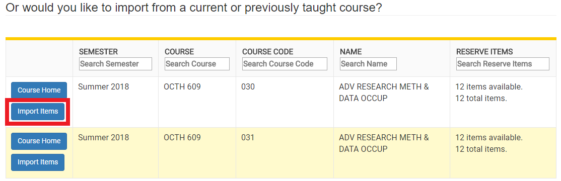The "Import Item" link is located in the table of courses, after the "Course Home" link.