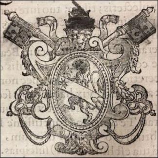 Ornamental depiction of the coat of arms Pope Sixtus V, featuring a lion surrounded by other symbols. 